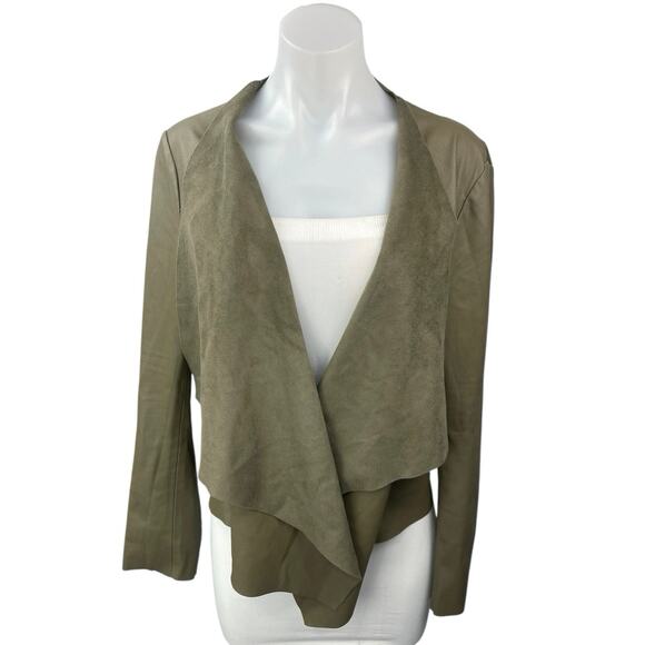 Zara Basic Olive Green Faux Leather Suede Vegan Drape Biker Coat Jacket Size L - Picture 1 of 5
